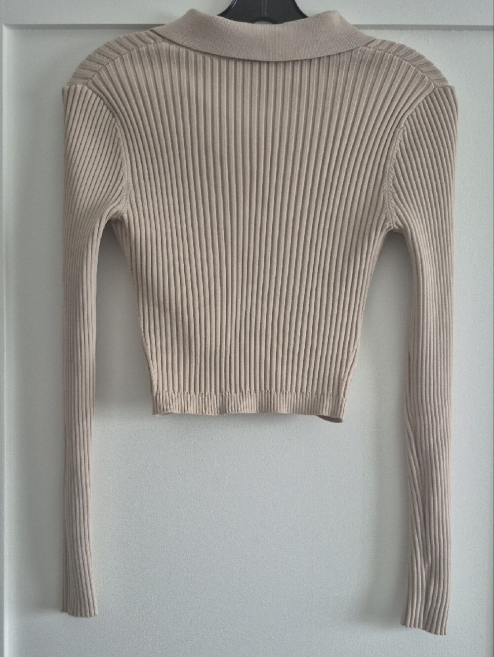 Simkhai Ribbed Collared Button-Front Beige Crop Sweater, Small - Picture 7 of 16